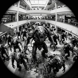 camera footage of a Hundreds of Rabid Zerglings in an abandoned shopping mall, high exposure, dark, monochrome, camera,  grainy, CCTV, security camera footage, timestamp, zoomed in, fish-eye lens, Evil, Zerg, Brood Spreading, horrifying, lunging at camera :4