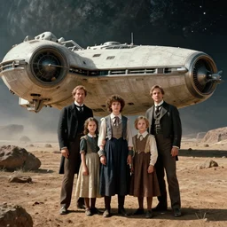 sharp, highly detailed, 435456k film, 1612800mm film still from a sci fi blockbuster color movie made in 2019, set in 1860, of a family standing in front of a spaceship that has just landed on an alien planet, the family are all wearing 1860s era clothes, good lighting, good photography, ultra high definition