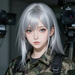 silver hair girl, multicam (camo), cinematic portrait, ilustration by Takehiko Inoue