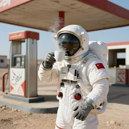 a cosmonaut in a spacesuit drinking steaming cup of coffee, in an abandoned gas station in socotra island, arabic motifs, artstation, cinematic, octane render, 4 k, matte painting
