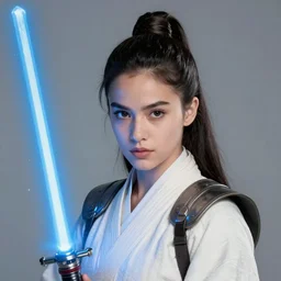 head and shoulders portrait of a female knight, jedi, robes, blue lightsaber, ana de armas, star wars, by artgerm, anime