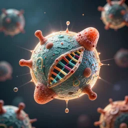 inside view of a quark, with DNA inside, 3D render, cinematic, bloom, highly detailed, digital painting, artstation, intricate details