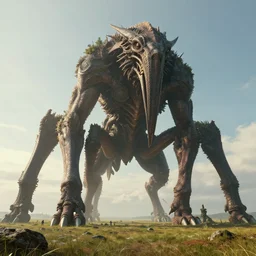 enormous gargantuan creature with long arms and legs towering over the plains, seen from a distance, volumetric lighting, 8 k octane beautifully detailed render, post - processing, extremely hyper - detailed, intricate, epic composition, cinematic lighting, masterpiece, trending on artstation, masterpiece, stunning art by anders zorn, wonderful masterpiece by greg rutkowski, beautiful cinematic