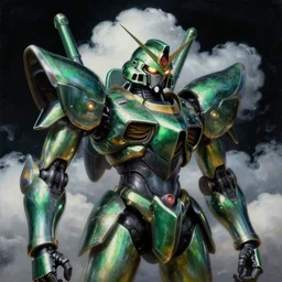 a baroque neoclassicist renaissance close - up portrait of a green and black iridescent chrome whimsical 1 8 0 0 s japanese mecha gundam mantis with big glowing eyes. reflective detailed textures. puffy clouds, dark black background. highly detailed fantasy science fic tion painting by moebius, norman rockwell, frank frazetta, and syd mead.