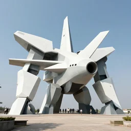 photo of minimalist abstract cubist sculpture of curvy mecha mayan temple spaceship, covered with few large white airplane parts, gigantic size with people visiting