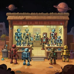 in front of a store selling robots and robot parts, [ some robots on display outside ], in a remote outpost, on an alien planet, from a space themed point and click 2 d graphic adventure game, set design inspired slightly by tomb raider, art inspired by thomas kinkade and mark keathley