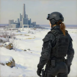 a beautiful painting in the style of cedric peyravernay of a snowy landscape overlooked by a female spy in tactical gear, overseeing a large brutalist facility in the distance, award winning art