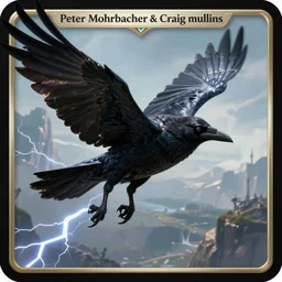 a game card design of high fantasy black crow flying in the sky, by peter mohrbacher and craig mullins, face close up, official media, beautiful, rpg portrait, concept art, fantasy world, sharp, smooth, detailed, high quality, wallpaper 4 k, epic, trending on artstation and behance, dynamic lightning