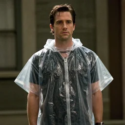film still of Jake Gyllenhaal as Patrick Bateman wearing clear poncho in American Psycho