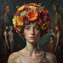 realistic detailed photo rendered in octane 3 d, beautiful creature with flowers instead of his head by francis bacon, by h. r. giger, by ayami kojima, amano, karol bak, greg hildebrandt, and mark brooks, rich deep colors. beksinski painting, art by takato yamamoto. masterpiece. rendered in blender, ultra realistic, smooth shading, ultra detailed, high resolution, cinematic, unreal 6