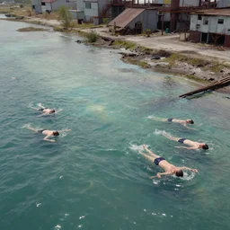 aerial view of inhuman bodies swimming in an iridescent tide oil slick at the edge of a disaused factory faded, depth of field, ultra realistic, very detailed, glitch, by nadav kander, 8 k hyper realistic detailed cinematic
