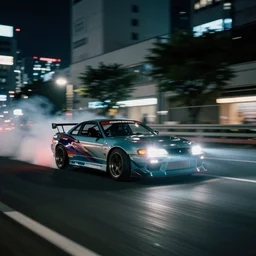 photo of racing car at night driving fast through a city, cinematic, 4k, 8k, UHD long exposure photography, Tokyo drift, fast and furious, film still, night photography, motion blur, lens flare, movie shot, analog camera, panning