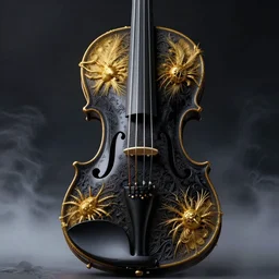 bold simple lifelike humanoid illustration of close low angle view of an ornate obsidian gothic violin interior with gold spidery embellishments, night, smoke, ground fog, by peter mohrbacher, by frank frazetta, by vincent di fate, large depth of field, super detailed, digital art, trending on artstation, ornate