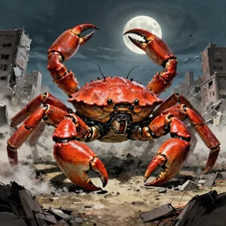 a very big giant mechanical weapons battle armor crab in the middle of war - torn battlefield of a crumbling city, dim sky, very big moon, some smoke, artstation, concept art, smooth, sharp focus, vivid grunge, manga, illustration, traditional japanese colors, superior quality, very detailed, wide angle, by bilibin, kuvshinov, malevich and mucha