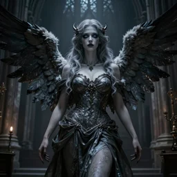 an ultradetailed portrait of a gorgerous female fantasy angel, gothic cathedral church, dramatic lighting, moody, directional lighting, cool beauty, spooky, mystery, cold eyes, volumetric lighting :. 3, trending on pixiv and pinterest