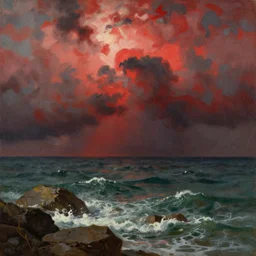 the storm on the sea of galilee, oil - on - canvas painting, close - up, elegant, volumetric lighting, scenery, digital painting, highly detailed, artstation, sharp focus, illustration, concept art, by rembrandt van rijn, red