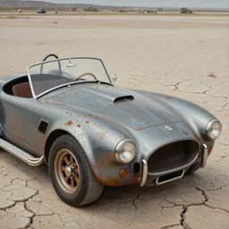 closeup of rusty shelby cobra, full car, weathered, desert, cracked dry lake bed, by Zdzislaw Beksinski, Norman Rockwell, al duke, Valter de Morais, highly detailed, soft lighting, film grain, 8k resolution, studio lighting, hd, oil on canvas