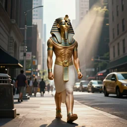 an egyptian god walking the streets of new york, god rays, digital art, landscape, fantasy art, octane render, unreal engine, high detail, very realistic, by greg rutkowski. by james gurney