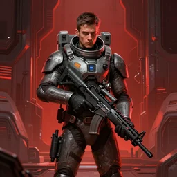 concept art by greg rutkowski, a man wearing a futuristic astronaut gear, holding a futuristic assault rifle, symmetrical, futuristic, brutalistic environment, scifi, detailed and intricate environment, reddish lighting, book cover, stressful atmosphere, high technology, highly detailed portrait, digital painting, artstation, concept art, smooth, sharp foccus ilustration, artstation hq.