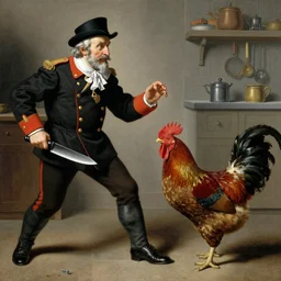 Colonel Sanders holding kitchen knife chasing a rooster. Painted by Caravaggio, high detail