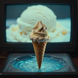 an ice cream cone in the middle of a neapolitan ice cream river, from 1 9 8 5, made out of ice cream, bathed in the glow of a crt monitor, ice cream in background, low - light photograph, miniature subsurface scattering, photography tyler mitchell