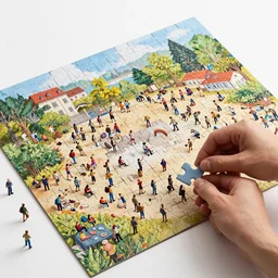a giant jigsaw puzzle being put together by a crowd of tiny people