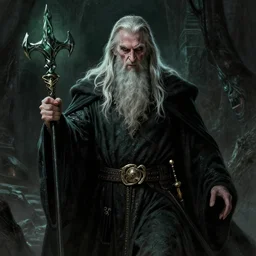 gandalf changed side and be an evil wizard, dark and mysterious and eerie and ominous character, cinematic, epic, highly detailed, intricate, illustration, artwork by marcus whinney and greg rutkowski