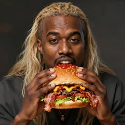 portrait photography of Kanye West eating a giant hamburger, extra ketchup and mustard with overflowing bacon lettuce and tomato, cinematic lighting, highly detailed, feminine ethereal, D&D, hearthstone, digital painting, artstation, concept art, smooth, sharp focus, illustration, art by Terry Moore and Greg Rutkowski and Alphonse Mucha