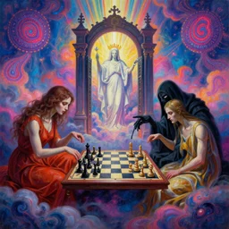 [ style ] [ oil painting ] [ palate ] [ vibrant gothic colors ] lost 👾 👽 souls playing chess to win a spot in heaven, playing chess against the grim reaper at the gate to purgatory, vibrant paisley neon nebulous clouds, radiant light rays, symmetrical details, photorealistic painting, award winning painting, volumetric lighting, artstation, god figure at the gate