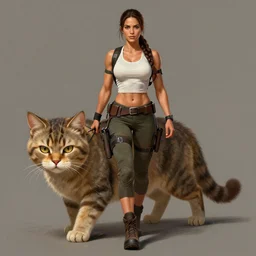 portrait of very muscled Mila Kunis as Lara Croft walking her large giant kitty cat by a lead, elegant, highly detailed, centered, digital painting, artstation, concept art, artgerm, donato giancola, Joseph Christian Leyendecker, WLOP, Boris Vallejo, Artgerm