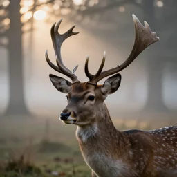 a close up of a white - eyed deer, background of a landscape misty forest scene, the sun glistening through the trees