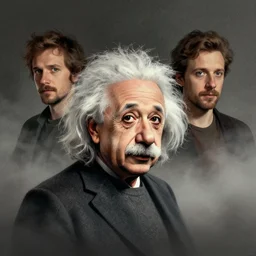 illustrated portrait of albert einstein, colorful, mads berg, karolis strautniekas, christopher balaskas, stippled light, low fog, moody, fine texture, dramatic lighting, dynamic composition, detailed, matte print, muted color, victo ngai, wide angle