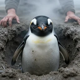 photograph of the world's fattest penguin emerging from a pit of thick grey mud, big teeth, big evil watery eyes, human hands, menacing, foggy atmosphere, directed by mario bava