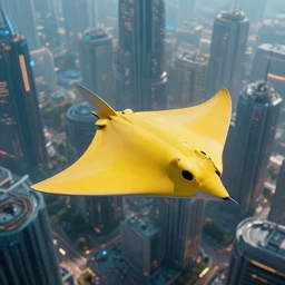 a futuristic city scape with a 1 9 7 9 yellow stingray