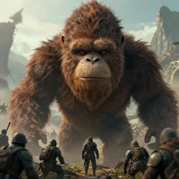 close up cinematic artwork of bigfoot staring down the enemy on the battlefield by Greg Rutkowski, 4k, masterpiece