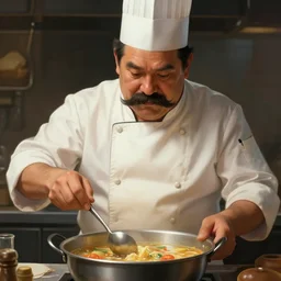A chef with a big mustache proundly making a soup, digital painting, artstation, concept art, Craig Mullins, Breathtaking, 8k resolution, extremely detailed, beautiful, establishing shot, artistic, hyperrealistic, octane render, cinematic lighting, dramatic lighting, masterpiece, light brazen, extremely detailed and beautiful face