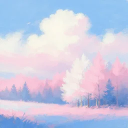 inspirational landscape painting soft pastel colors blue pink white sky with white pink blue ground forest, art station, volumetric lighting