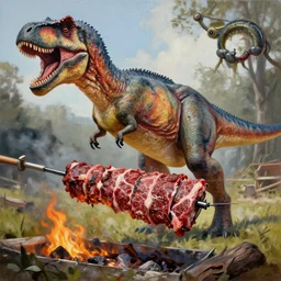 a hype rrealistic painting a dinosaur beef on a spit, cooked