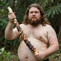 a photo of a very hairy fat man with long hair holding a 2 0 m long yam