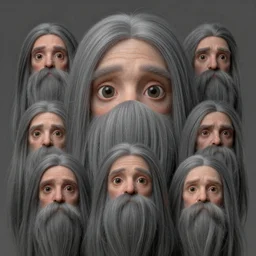anthropomorphic highly detailed group portrait of hairy old neon giant cute eyes hidden under hair, with long grey straight haircut in face, hairs hiding face, intricate, elegant, highly detailed, digital painting, artstation, concept art, smooth, sharp focus, illustration, art by artgerm, bob eggleton, michael whelan, stephen hickman, richard corben, wayne barlowe, trending on artstation and greg rutkowski and alphonse mucha, 8 k