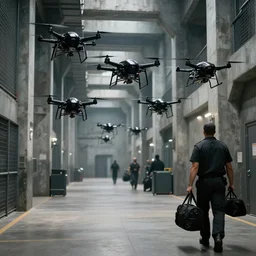 Black quadcopters swarm the wide hallways in a futuristic prison underground with brutalist architecture, staff can be seen carrying black duffel bags, sigma 85mm f/1.4, 4k, depth of field, high resolution, 4k, 8k, hd, full color