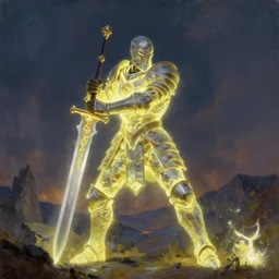man in a glowing stone armor wielding a huge, glowing ornate sword. oil painting, beautiful, landscape, large scale, intimidating, volumetric lighting