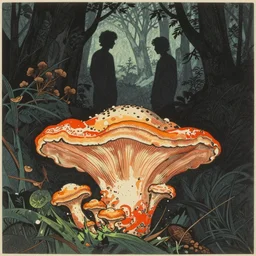 lost and happy souls, by gediminas pranckevicius, by hasui kawase, by james gilleard, dark shadows, woodblock, split - complementary - colors, tremella - mesenterica, mycena acicula, discovering enlightenment