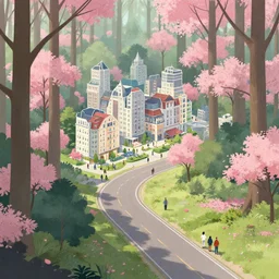 forest city with people, road, pink leaves, artstation, jakub rozalski
