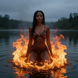 black woman surrounded by a lake of fire ,8K, hyper realistic render