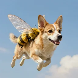 dog with bumblebee wings flying, sky, digital painting, highly detailed, realistic lighting, 4 k