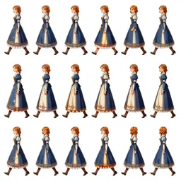 walking animation sprite sheet of a girl in a renaissance dress, walking to the right, each sprite is a different frame of the animation, in the style of final fantasy games
