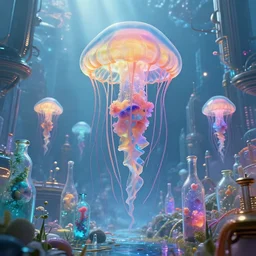 by par olofsson and tristan eaton, visually stunning, cinematic, ultra realistic, hyper realism, 1 2 k, epic, octane render, unreal engine, vfx, maya, into the uncertain divine : crisp and bright and magical and strange, polymorph : jellyfish, color cycling : magnificent bottles, amazing sci - fi city : the power of dreams