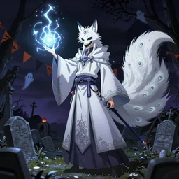 art by yuji ikehata of a foxfolk character with a skeletal mouth and a along albino peacock tail wearing long intricate mage robes and casting a powerful spell for necromancy at night in a graveyard nongraphic, screenshot, anime, vhs, halloween decorations, spirits, realistic