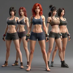 3 d render of a full female body, a redheaded woman with an shoulder length wavy, sexy green eyes, lithe body, wearing fitness gear, dead or alive 6, tekken 7, rumble roses, muscular legs, highly detailed, artstation, super realistic, unreal engine, keyshot